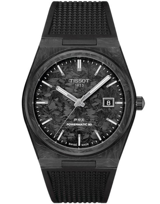 Tissot Tissot PRX Powermatic 80 Carbon T137.907.97.201.00  T1379079720100 механические мужские часы черный циферблат, браслет каучук — вид спереди